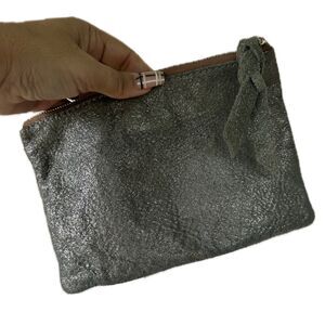 Monserat De Lucca Metallic Textured Suede Leather Zipper Pouch Braided Tassel